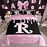 Feelyou Pink Bow Comforter Set Twin Size Initials Decor Bedding Set Gifts for Women Teen Girl Personalized Letter R Duvet Quilt Monogrammed Glitter Diamond Microfiber 2 Pcs with 1 Pillow Cases