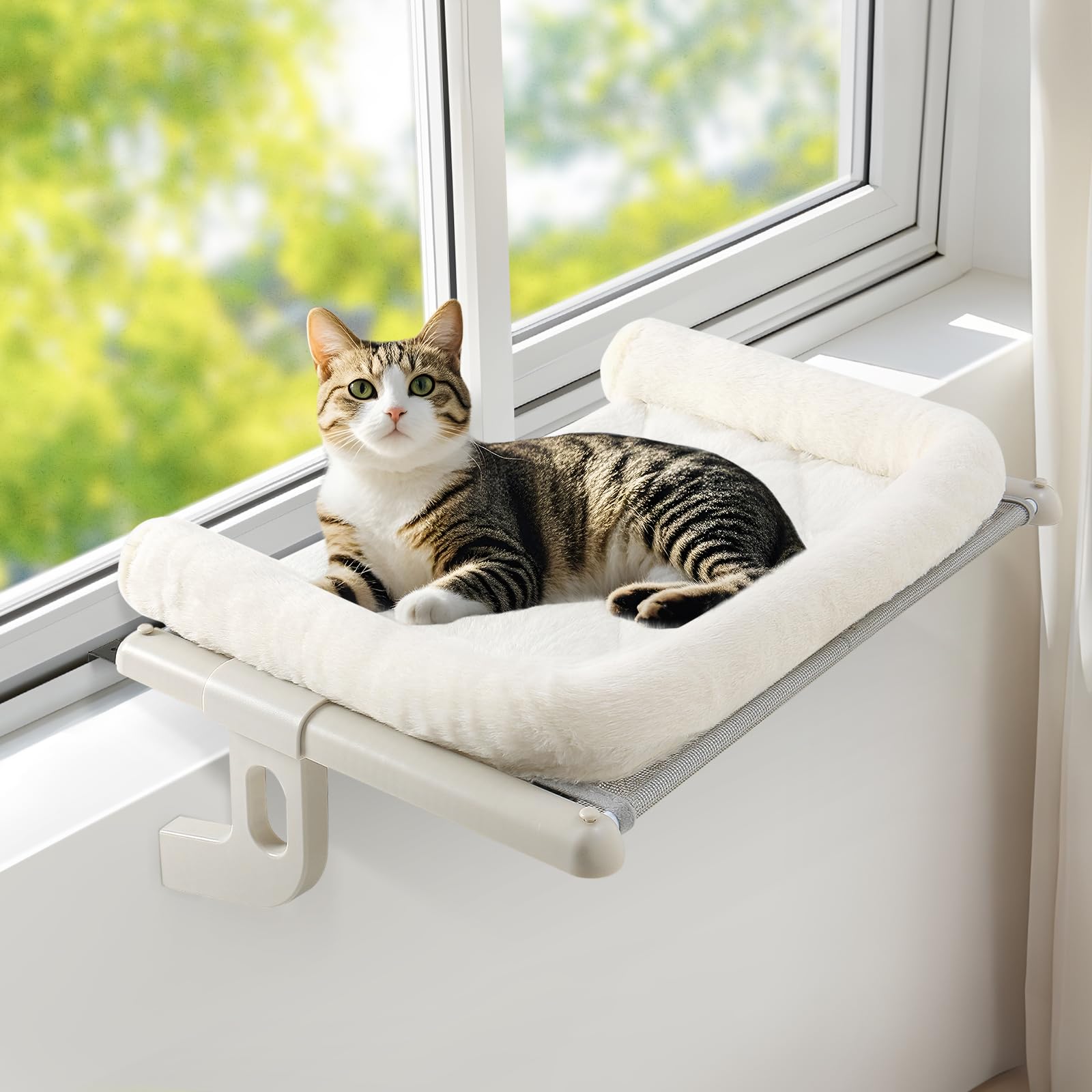 Photo 1 of Sunhoo Cat Window Perch Hammock Sturdy Windowsill Bed Seat for Large Cats No Drilling No Suction Adjustable Kitty Shelf with Washable Cover Easy Assembly Holds up to 40 lbs 21.7 * 15 in (White, S)