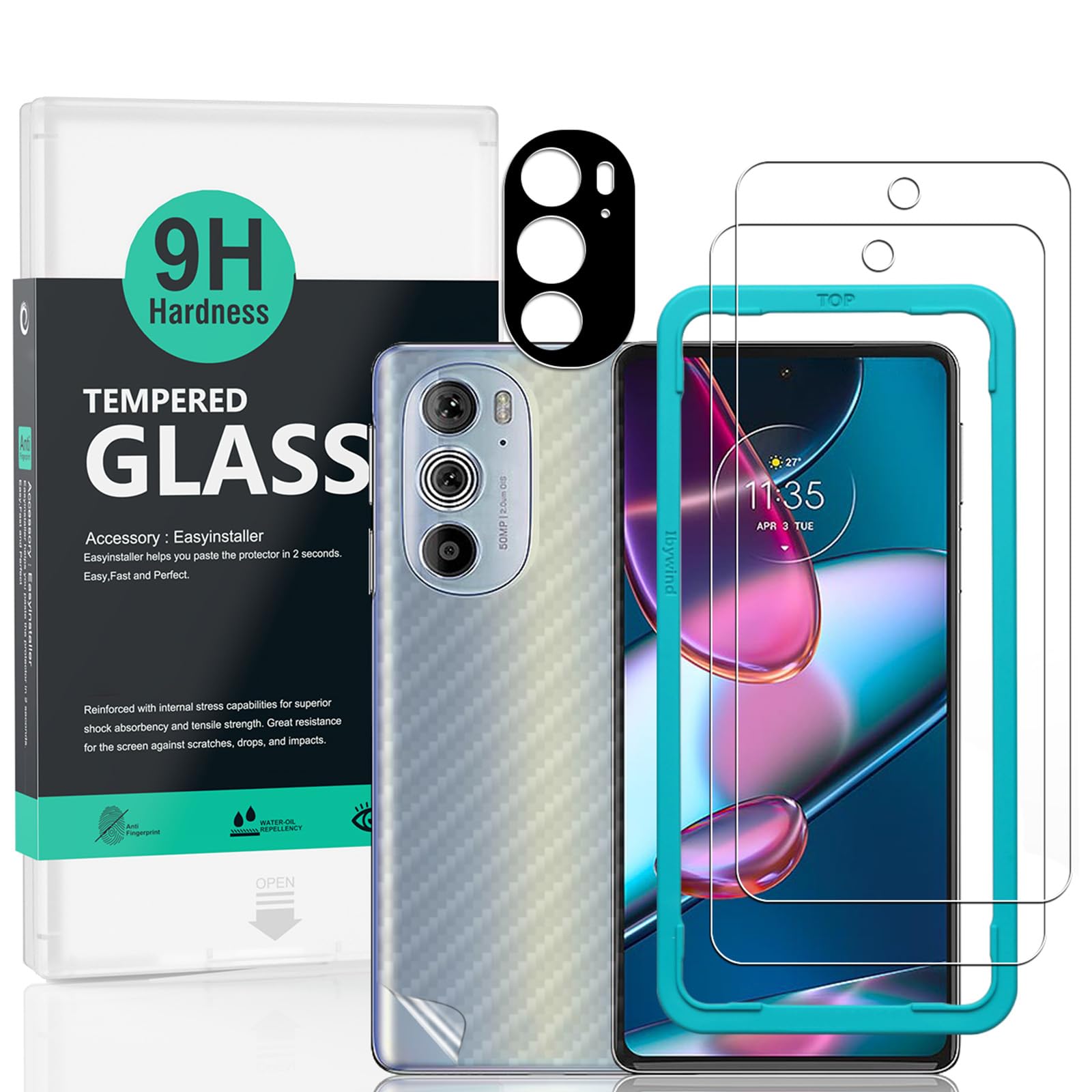 Ibywind Screen Protector (2 Pack) For Motorola Edge 30 Pro 5G,9H Hardness Tempered Glass,With 1Pc Metal Camera Lens Protector,1Pc Back Protector,Easy to Install — image 1