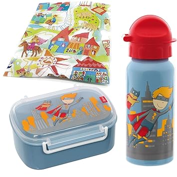 Sigikid Brotdose und Trinkflasche Superheld Pille Power Schulanfang Kindergarten Brotzeitbox mit Trennwand Jungen blau
