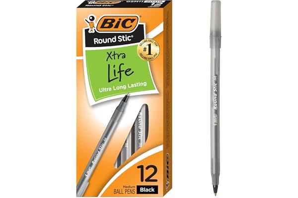 BIC Round Stic Extra Value Black Ballpoint Pens, Medium Point (1.0 mm), 12-Count Pack of Bulk Pens, Flexible Round Barrel for