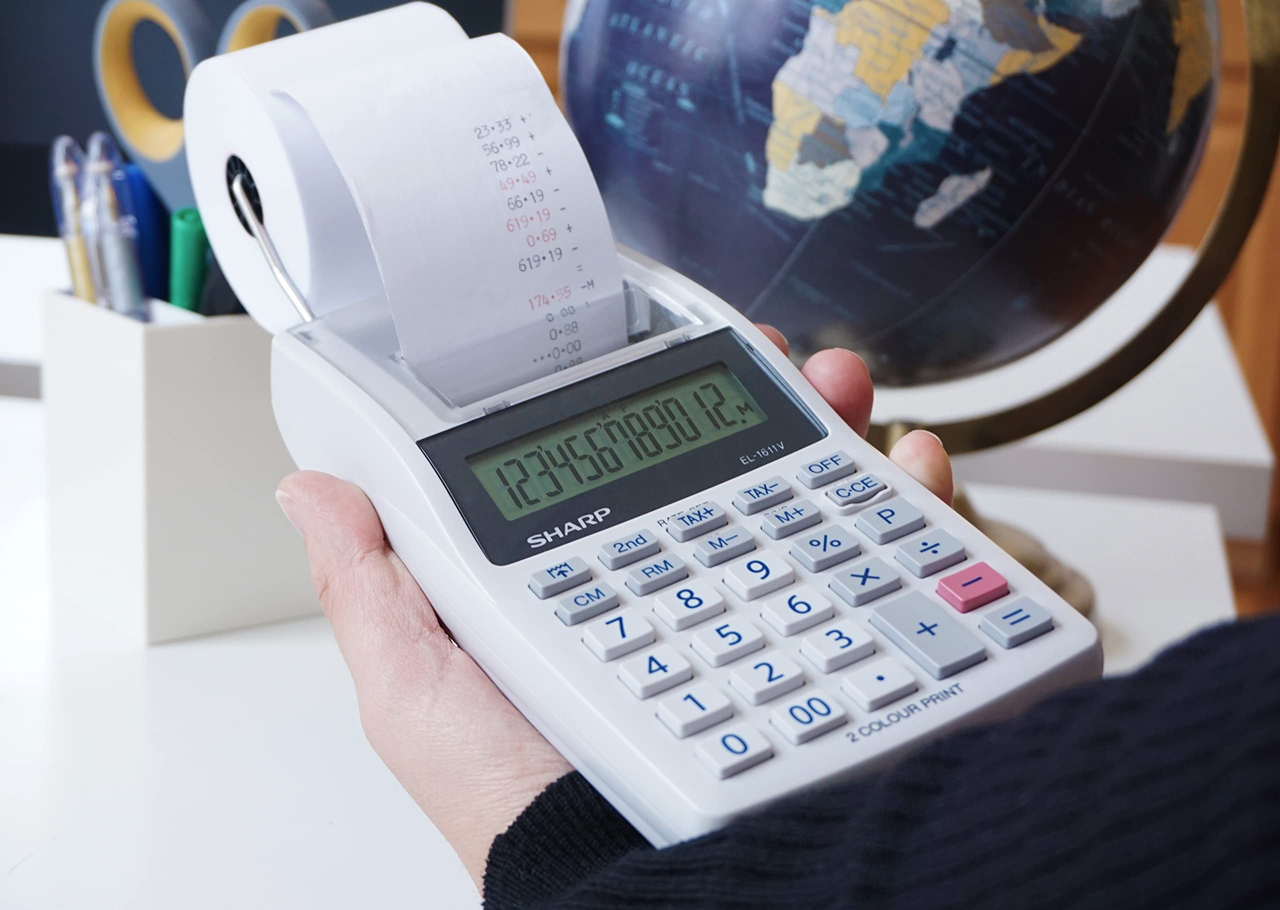 Sharp EL-1611V Handheld Portable Cordless 12 Digit Large LCD Display Two-Color Printing Calculator with Tax Functions