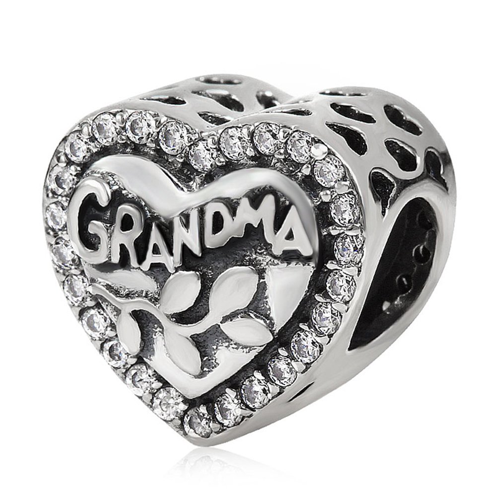 Grandma Charm 925 Sterling Silver Family Charm My Love Charm Heart Charm Flower Charm for Pandora Charm Bracelet (A)