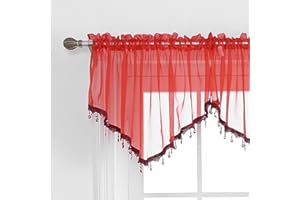 PEARAGE Beaded Sheer Valance Curtains for Living Room,Rod Pocket Farmhouse Window Valance, Bead Trim Tassel Voile Sheer Curtain Valance for Bedroom Bathroom Cafe 51x24 Inches (Red) 1PC