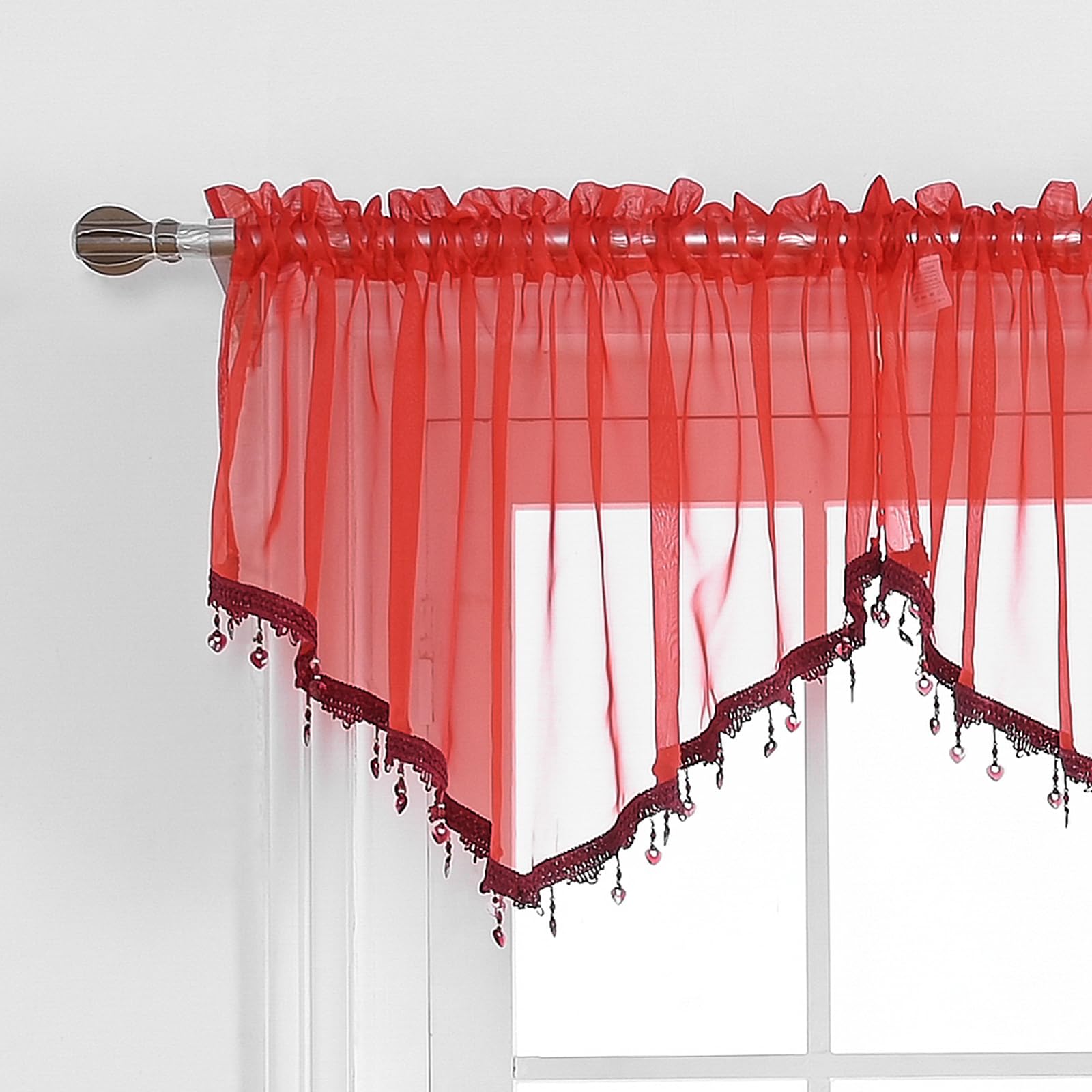 Beaded Sheer Valance Curtains for Living Room,Rod Pocket Farmhouse Window Valance, Bead Trim Tassel Voile Sheer Curtain Valance for Bedroom Bathroom Cafe 51x24 Inches (Red) 1PC