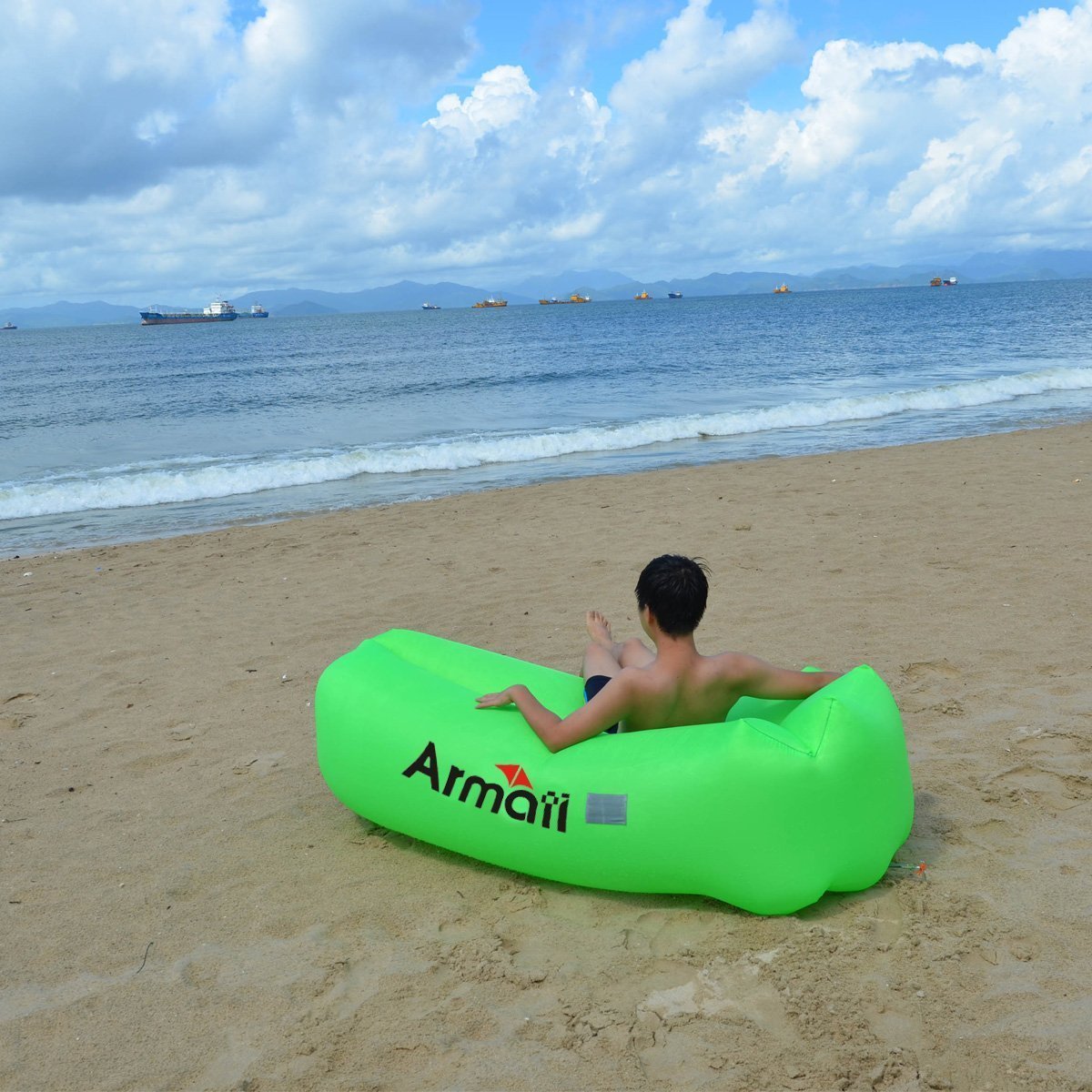 Armati Inflatable Lounger Patented Comfortable Headrest, Indoor or Outdoor Air Sofa, Camp Bedding, Hammock,Air Mattress with Carry Bag, Securing Stake and Bottle Opener (apple green)
