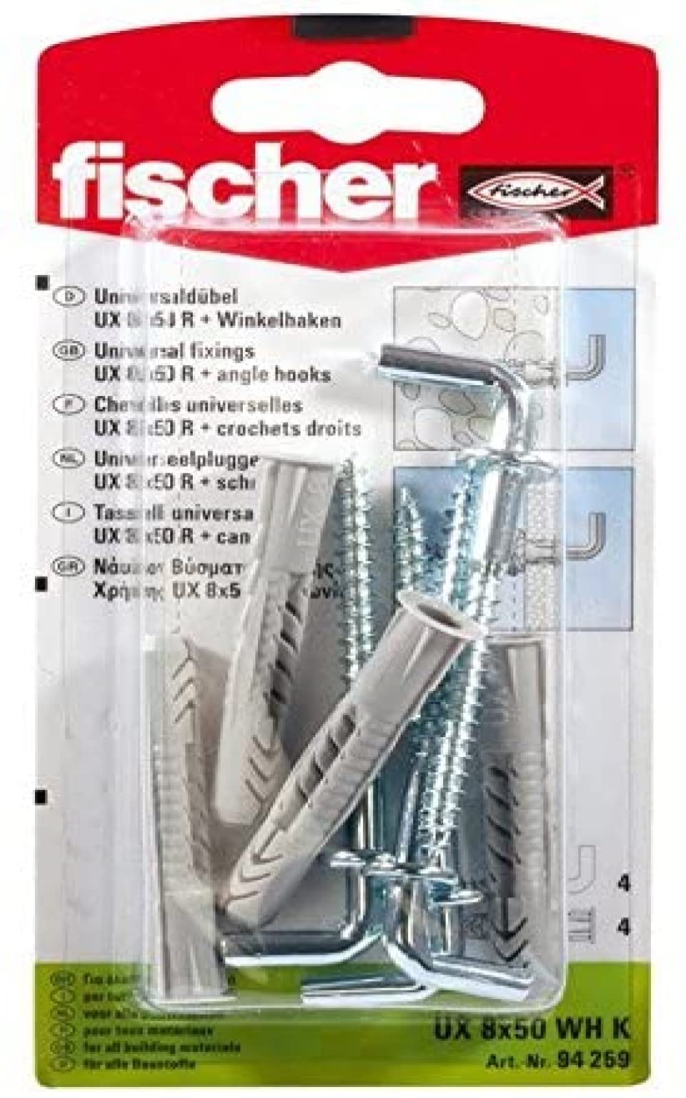 fischer Universal Wall Plug UX 6 x 35 WH with Rim & Angle Hook