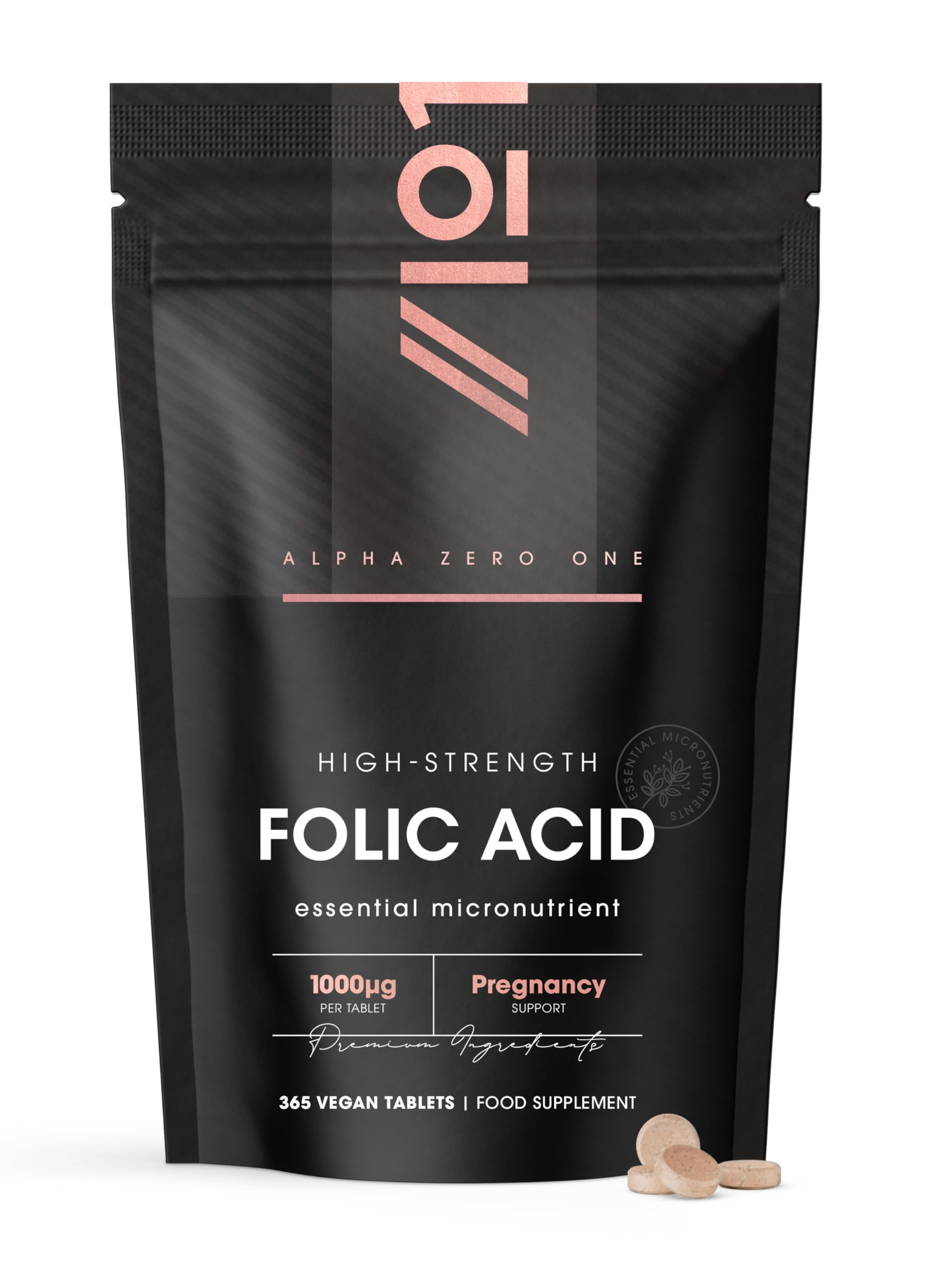 Folic Acid 1000mcg - Essential Pregnancy Support – 365 Vegan Tablets (1 Year Supply) - Resealable and Recyclable Pouch by Alpha01