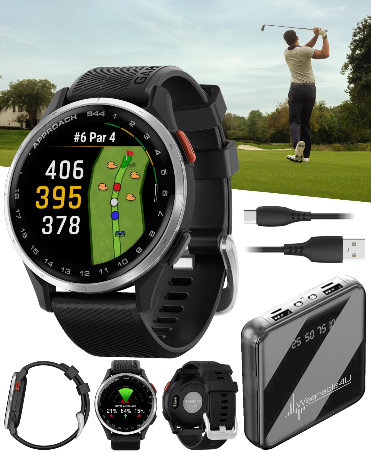Garmin Approach S44 Golf GPS Smartwatch Silver Aluminum Bezel with Black Silicone Band with Wearable4U Power Bank Bundle