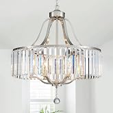 peskoe Modern Crystal Chandeliers Round 6-Light Large Brushed Nickel Pendant Lighting Fixture for Dining Room Living Room Kitchen Island Bedroom Hallway 21.7