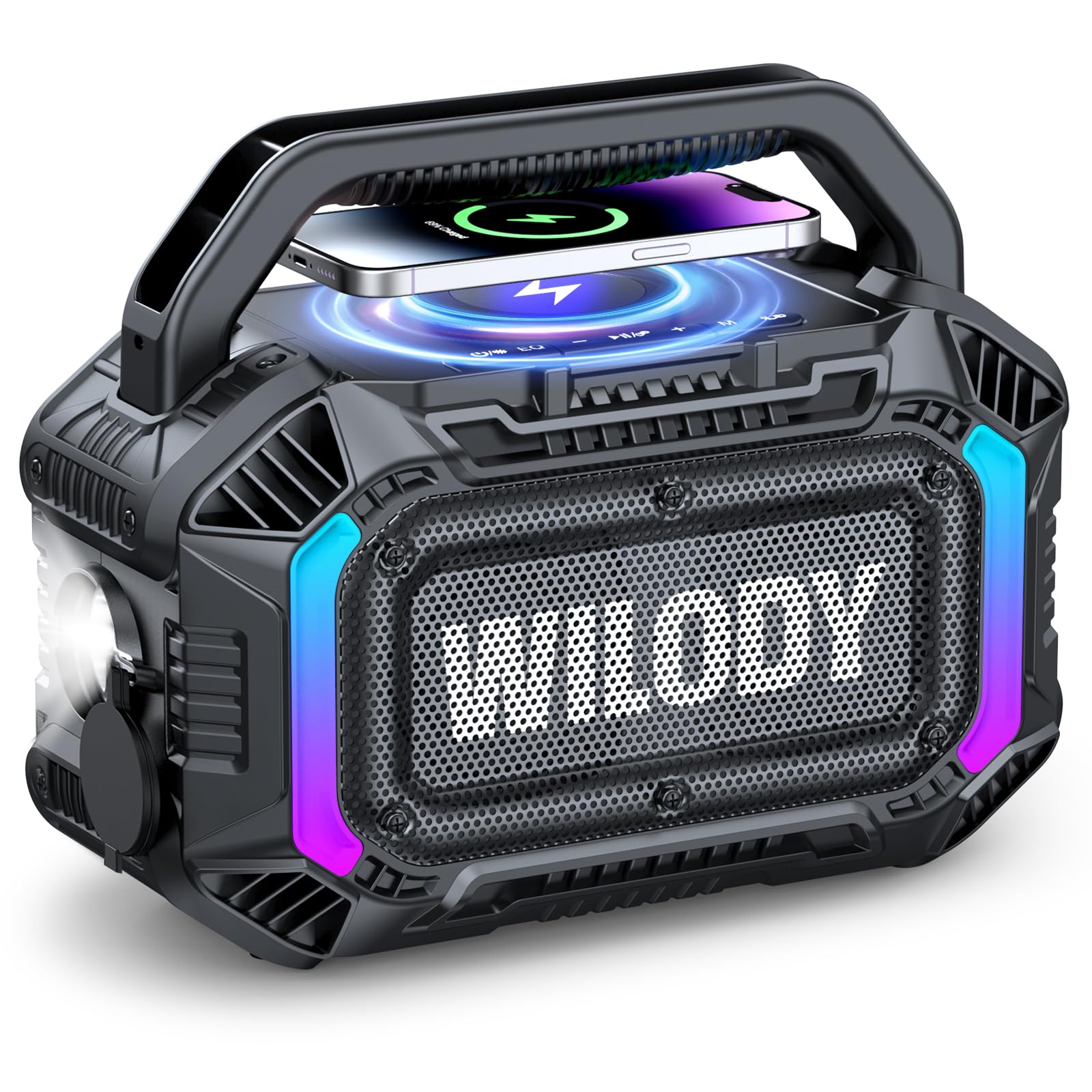 Photo 1 of Wilody Speakers Bluetooth Wireless, 100W Loud Outdoor Speaker with Bass, IPX7 Waterproof Floatable, 20H Playtime, Wireless Charge, TWS, RGB Light, Portable Speaker for Work, Garage, Outdoor (Black)