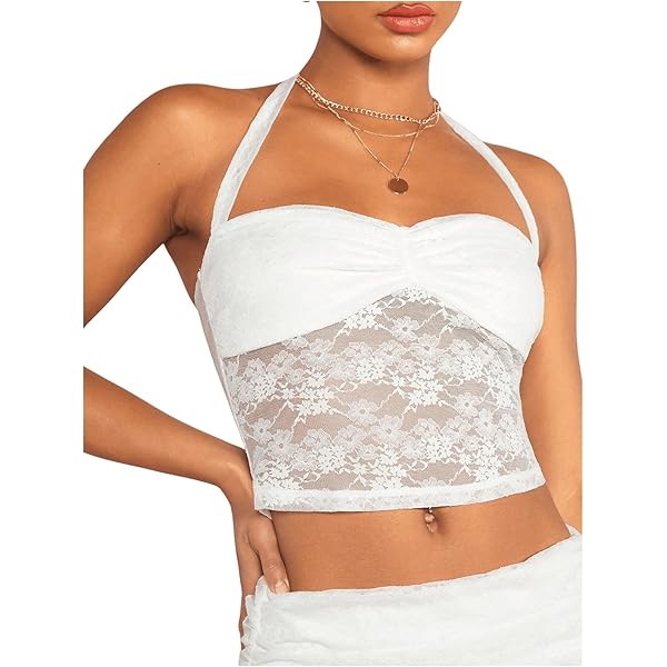 SOLY HUX Women's Striped Lace Trim Cami Crop Top Button