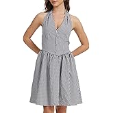 KEOMUD Women Summer Gingham Dress Casual Breathable Halter Plaid Mini Dress Beach Sundress with Ruffled Skirt