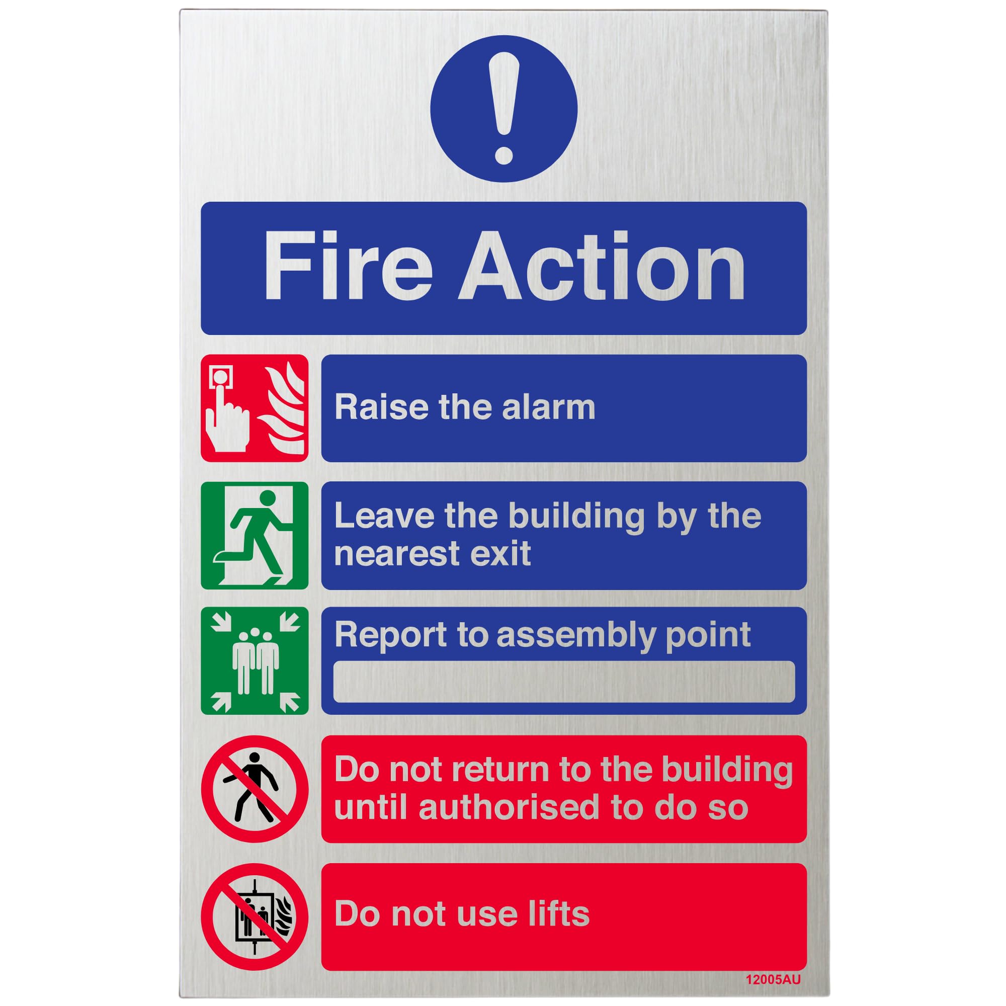 V Safety General Fire Action 5 Message Sign - 200mm x 300mm - Self Adhesive Alu Effect