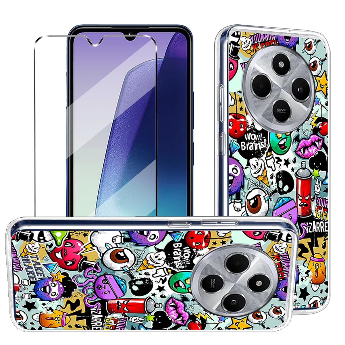 HuiYouMY 2-in-1 Case Compatible with Xiaomi Redmi 14C / Poco C75 Cover with 1 Pack Tempered Glass Screen Protector for Poco C75 Slim Fit Soft TPU Shockproof Anti-Scratch Phone Case - XS40