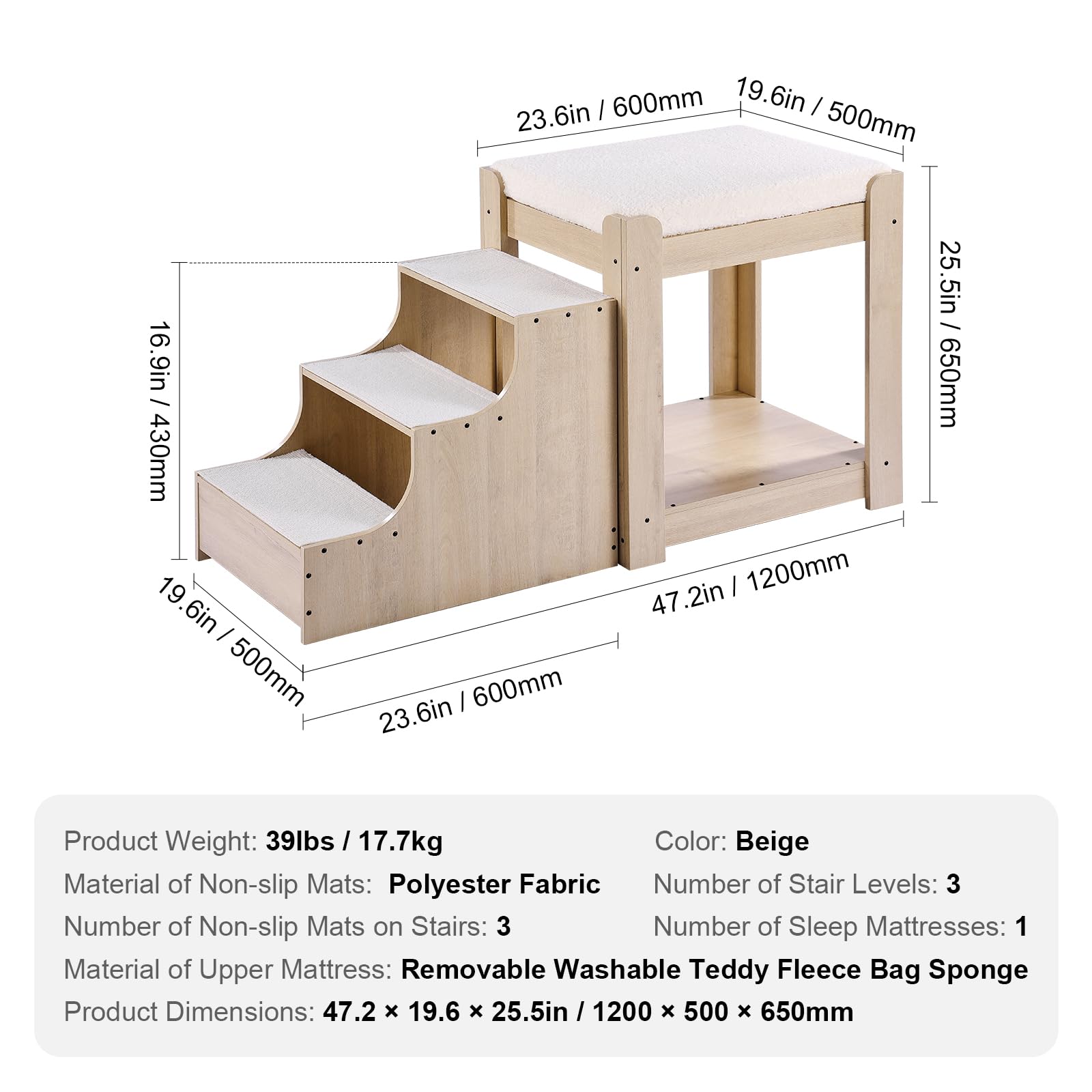 VEVOR Etagenbett für Haustiere mit Treppe, Fenstersitz für Hunde/Katzen, mehrstufiges Bett, Hundebettschläfer, Lounge-Sitzplattform mit Schaumstoffkissen, Haustierbettcouch 120x50x65cm (Beige) 7