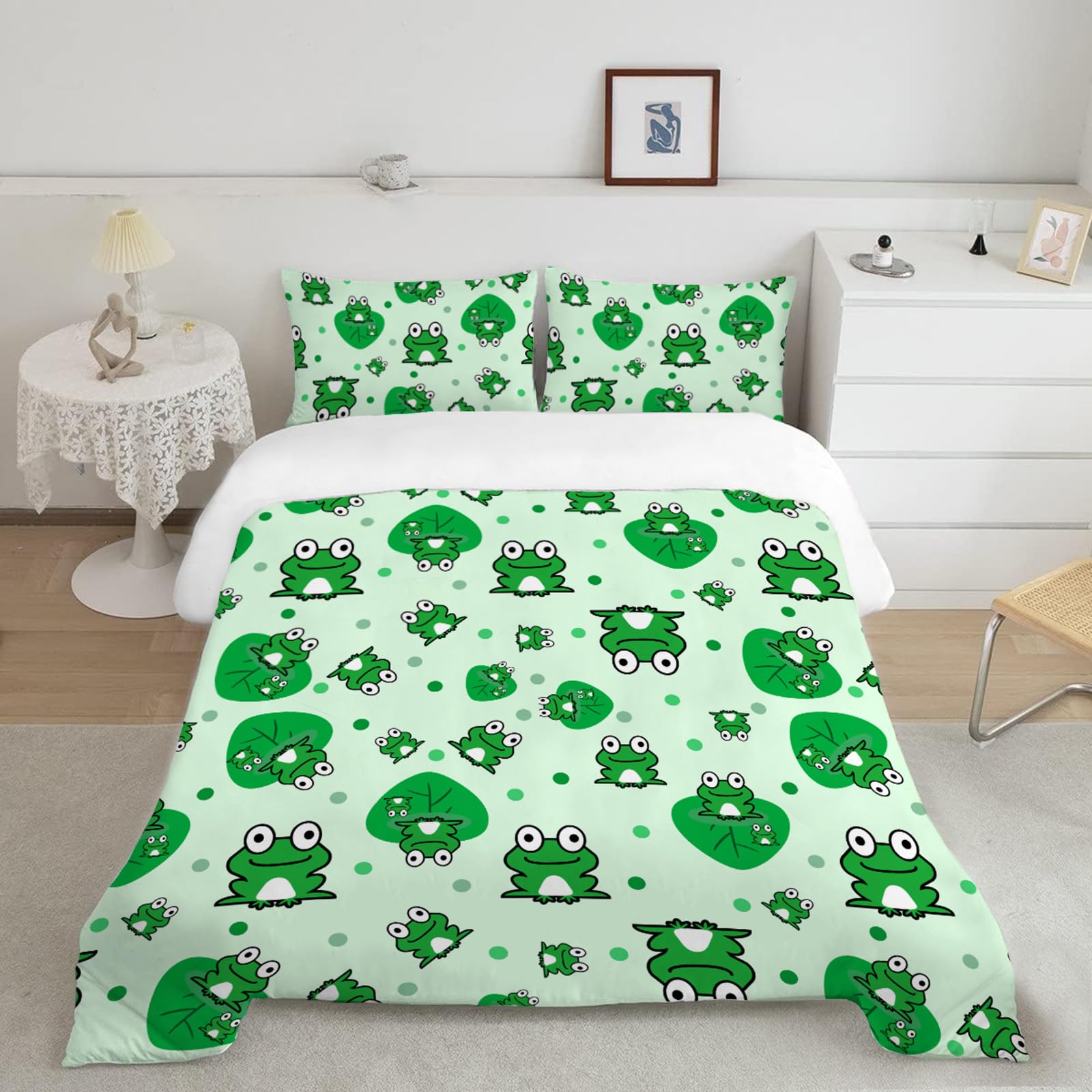INTOMENG Cartoon Frog Duvet Cover Set for Kids, Boys & Girls, Soft Microfiber Bedding, 3D Green Frog Design, Zipper Quilt Cover 200x200cm with 2 Pillowcases 50x75cm