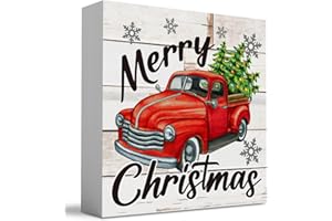 WRSUNT Merry Christmas Truck Tree Wood Box Sign, Retro Rustic Winter Farmhouse Christmas Santa Artwork Decor, Wood Square Sign Desk Block Signs Home Shelf Office Decoration 5 x 5 Inches