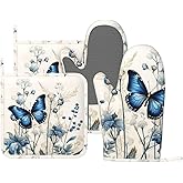 Oven Mitts and Pot Holders Butterfly Blue Flower Boho Silicone Kitchen Accessories Set of 4 Heat Resistant Long Gloves Potholder Non-Slip Grip for Chef Cooking Baking Grilling BBQ