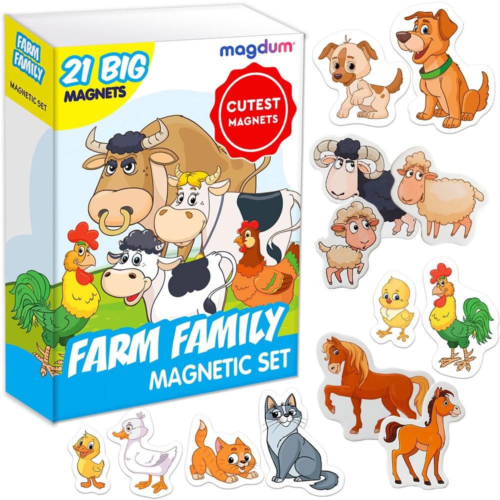 Farm Family Magnets for Kids - Magdum - 21 Fridge Magnets - Farm Animals Learning Toy for Toddlers - Educational Preschool Set - Large Cute Farm Animals - Strong Durable Safe Magnets - Gift