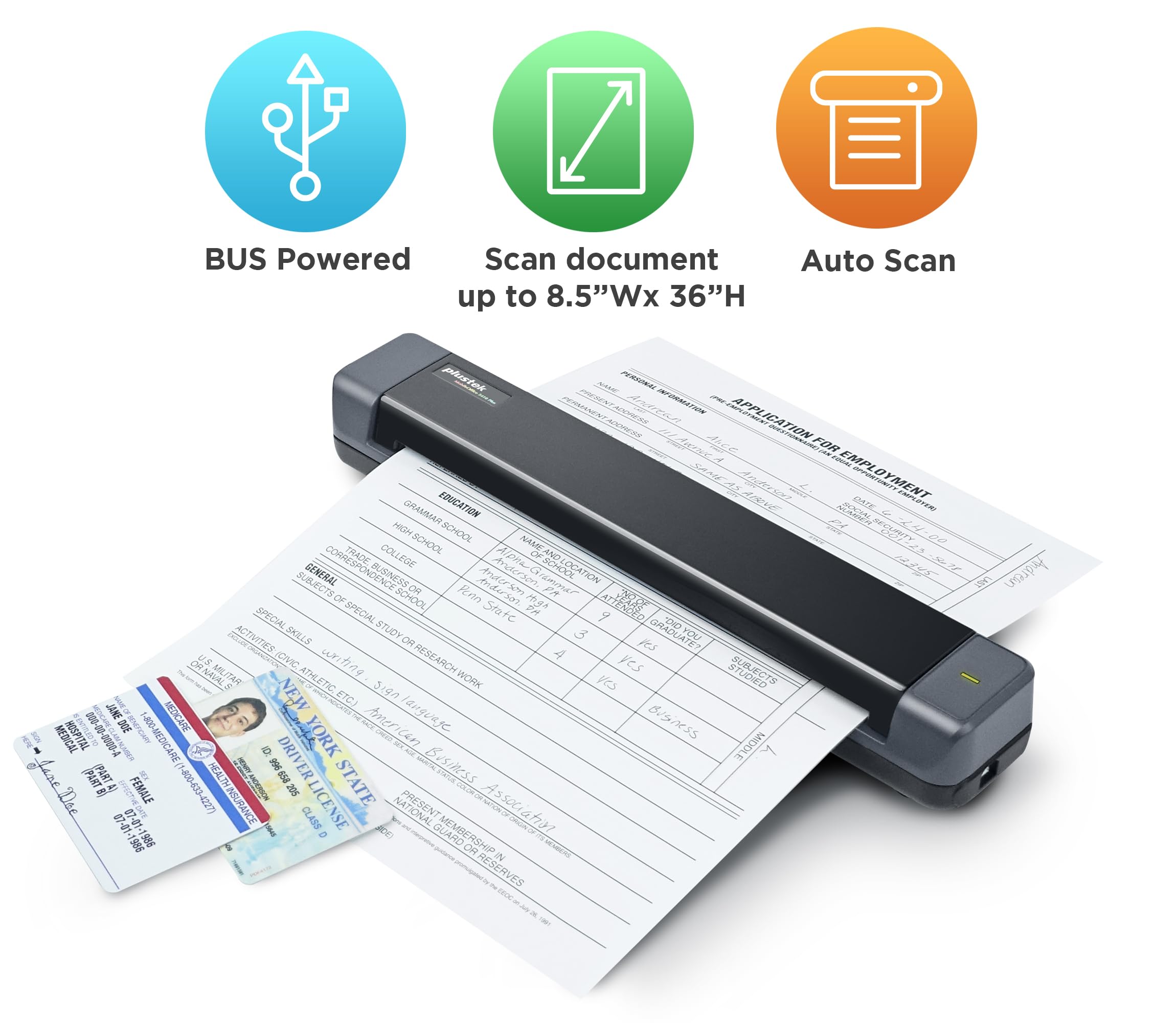 Plustek Mobile Scanner S410 Plus - Portable Sheet-Fed Document Scanner - for Windows 7 / 8 / 10 / 11, Featuring Button-Free Scanning with Included OCR Software