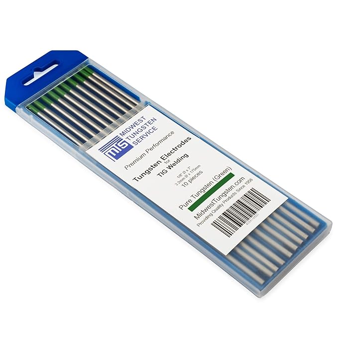 TIG Welding Tungsten Electrodes Pure Tungsten 1/8” x 7” (Green, WP) 10