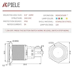 APIELE 16mm Momentary Push Button Switch On Off