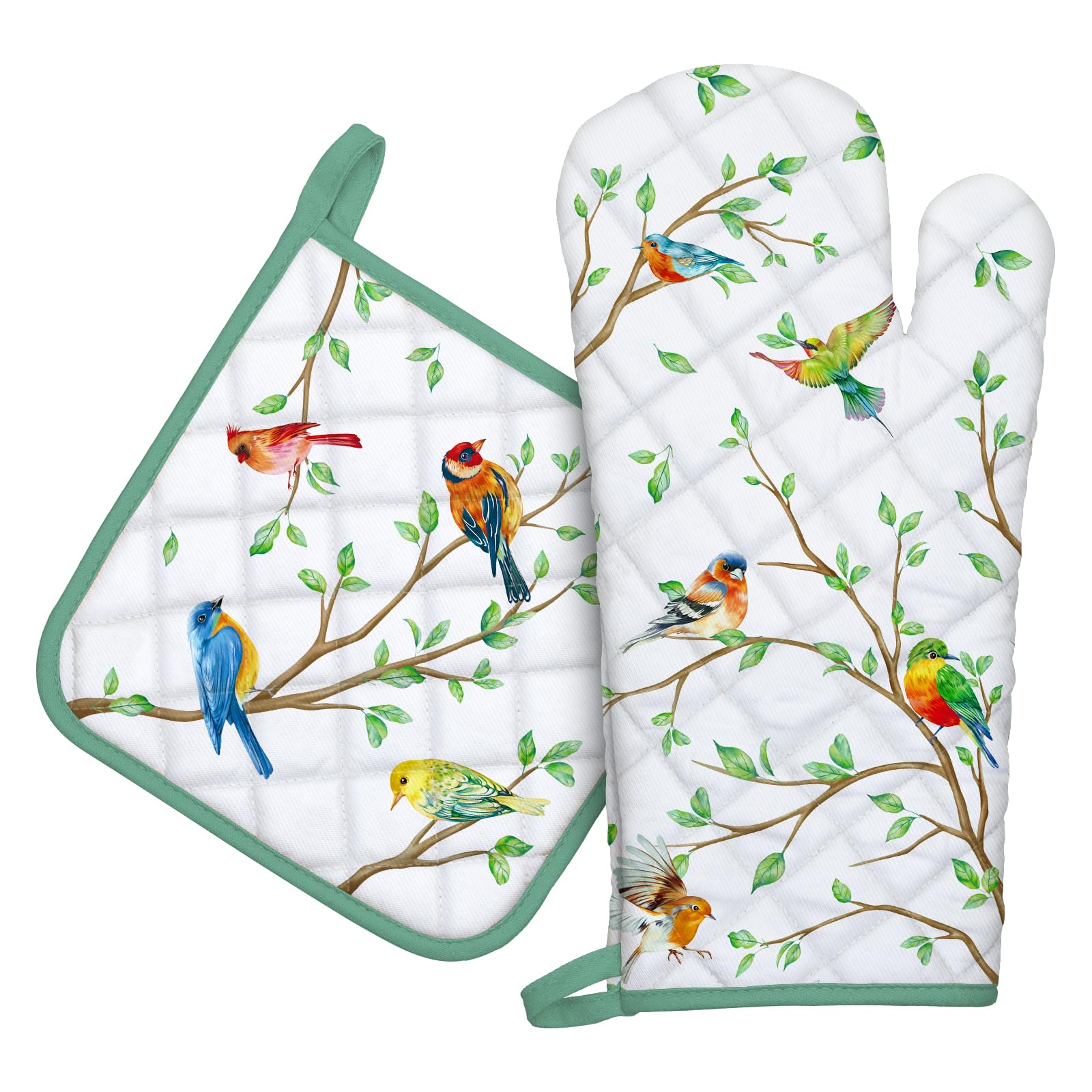 Arquiel Bird Branch Oven Mitts and Pot Holders -100% Cotton, Heat Resistant Extra Long Oven Gloves & Hot Pads for Cooking BBQ Grilling Baking Gift, Set of 2 — image 1
