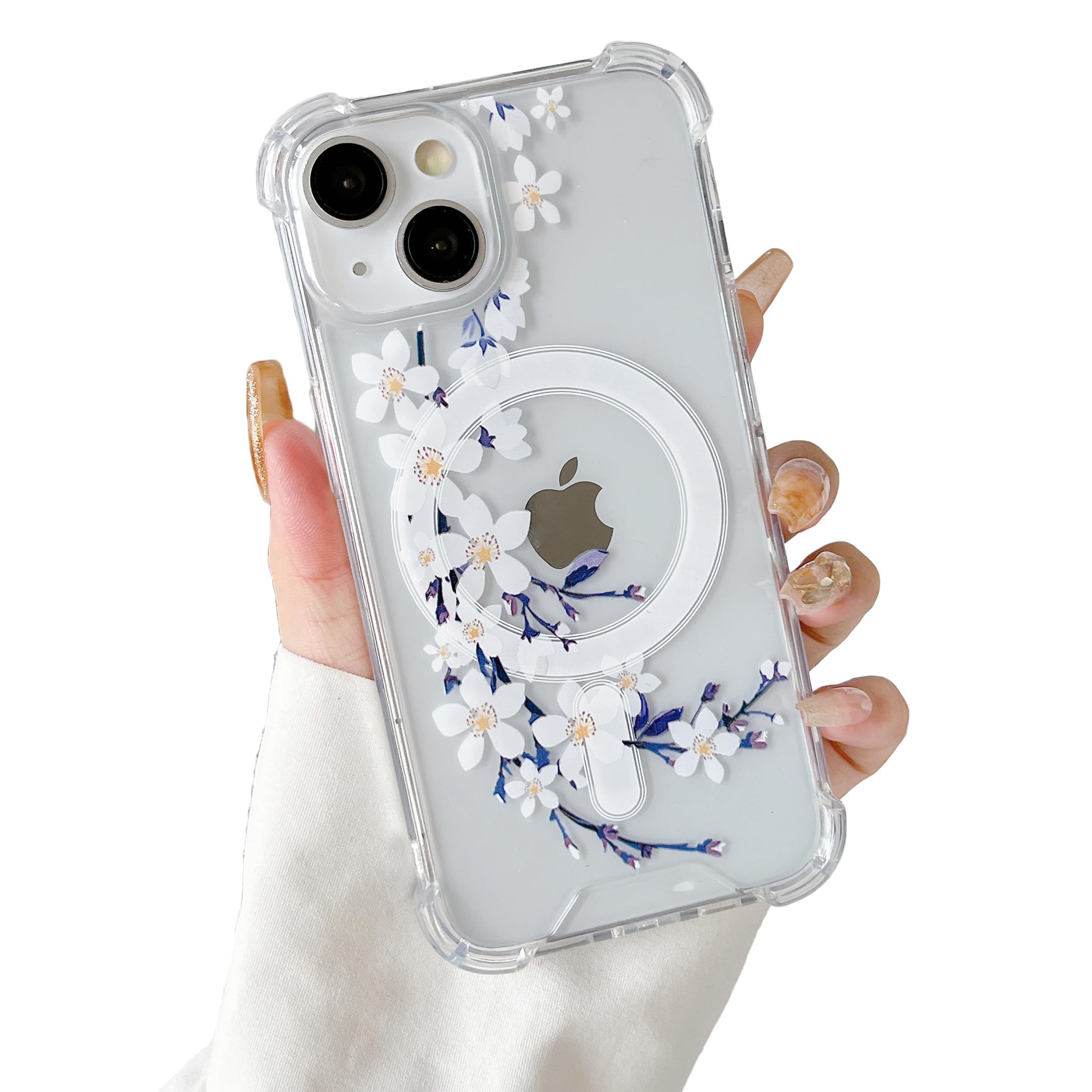 DEFBSC Magnetic Case for iPhone 15 [Compatible with Magsafe], Clear Floral Flower Print Design Flexible Acrylic Bumper Protective Shockproof Case for iPhone 15 - White Pear Blossom