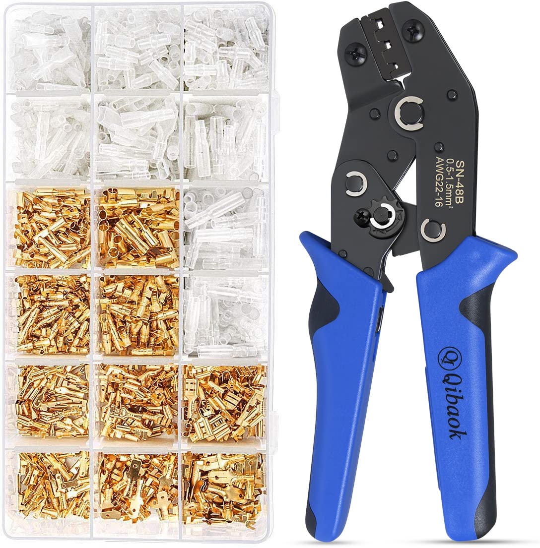 Qibaok Wire Terminal Crimping Tool Kit, Ratcheting Wire Crimper AWG 22-16(0.5-1.5mm²) with 500PCS Female Male Spade Connectors & Bullet Connectors Terminals