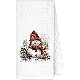 LRWHDFW Red and Black Plaid Christmas Snowman Kitchen Towels, Winter Xmas Holly Berry Decorative Hand Tea Towels for Bathroom, Vintage Farmhouse Xmas Cute Snowman Dish Towel Drying Cloth, 16x24 Inches