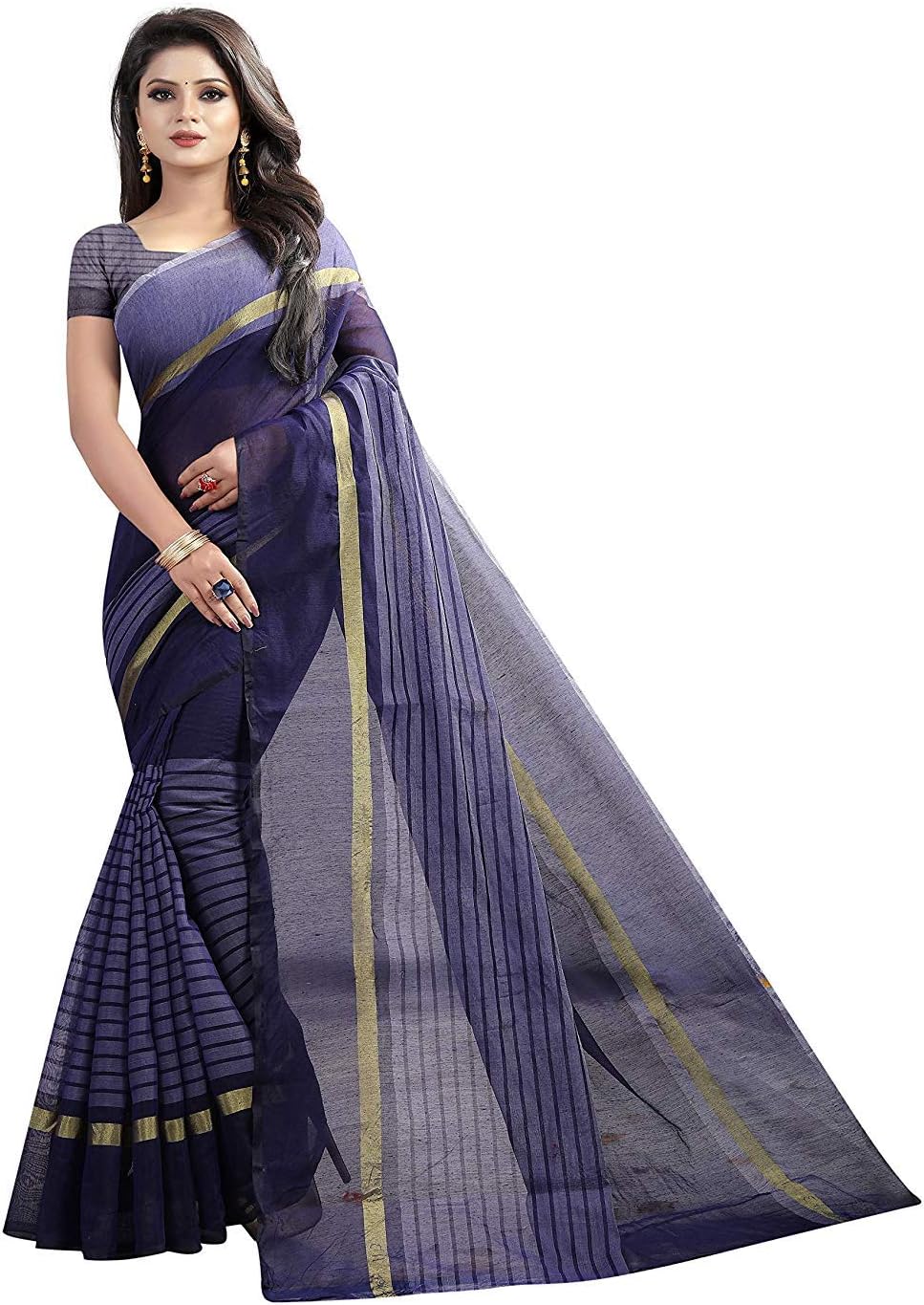 RAJESHWAR FASHION WITH RF Women's Chanderi Cotton Saree With Blouse Piece (CHANDERI PATTERN BLUE TEJ_Navy Blue)