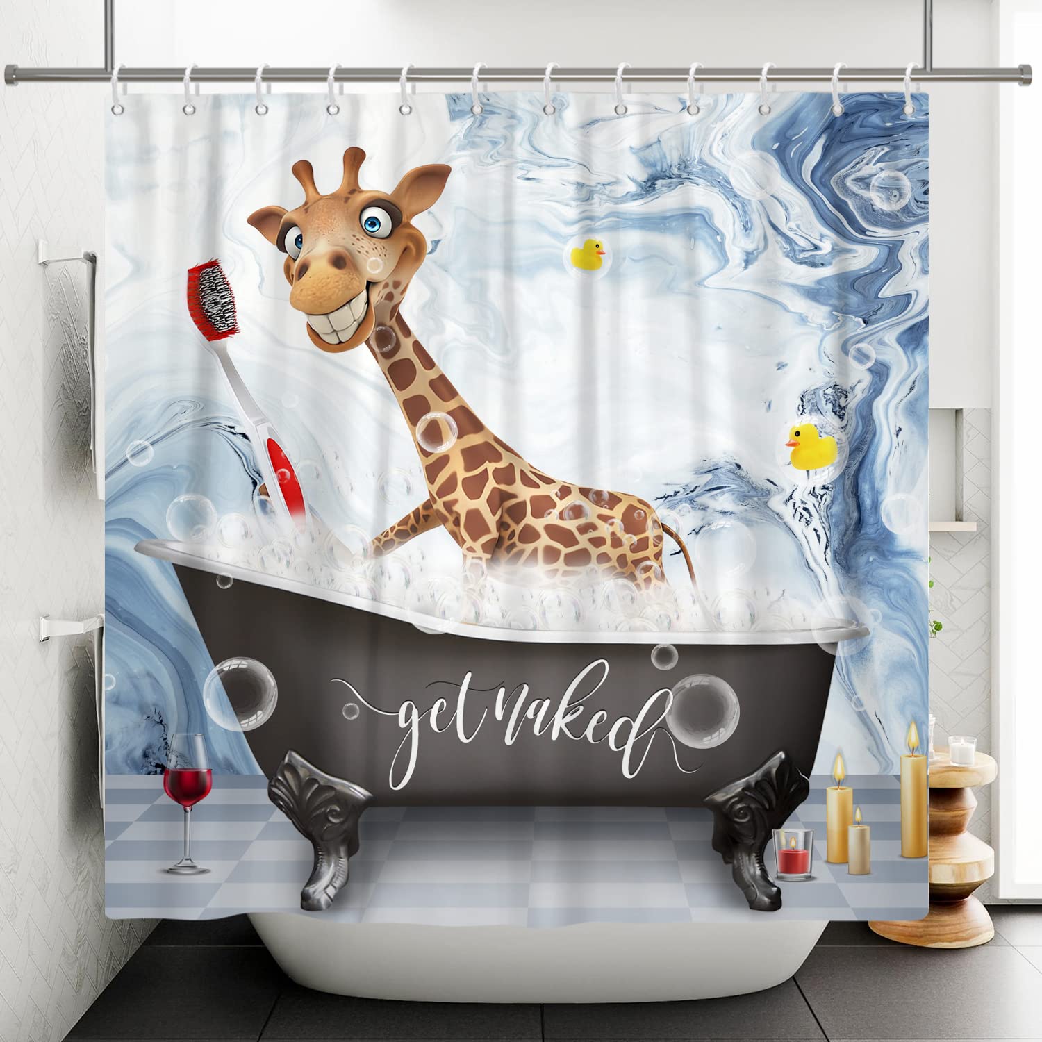 SDOTPMT Get Naked Shower Curtain Funny Cartoon Giraffe Showering Cute Wild Animal Bath Curtain Marble Luxury Texture 165x183cm Bathtub Curtain for Kids Bathroom Fabric Polyester with Hooks…