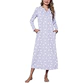 Marvmys Womens Cotton Nightgown Long Sleeve Button Up Sleep Shirts Full Length Henley Nightshirts V Neck Sleepwear S-3XL