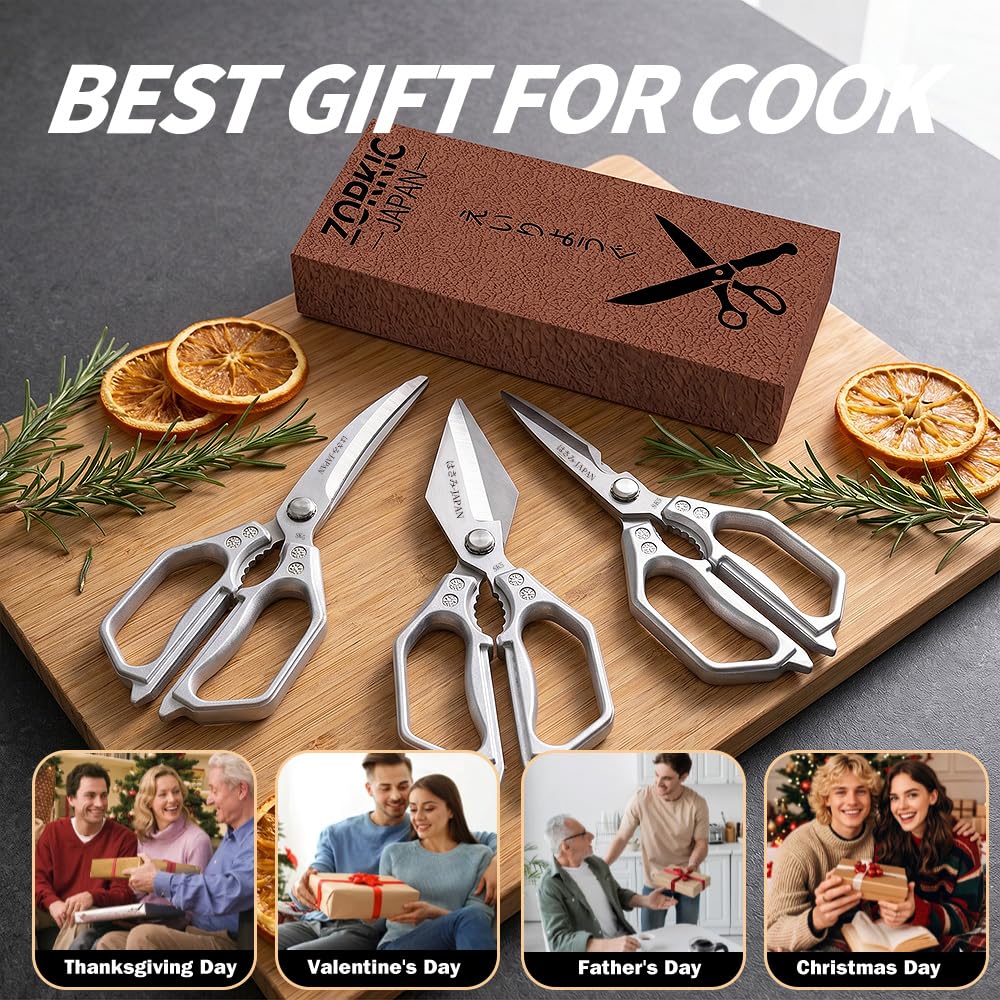 ZORKIC Küchenschere Set Silber 3er-Pack Hähnchenschere, Edelstahl Geflügelschere Fleischschere, Scharf Küchen schere für Gemüseschere, Hühnerknochen und Pute Geschenke für Mama 7