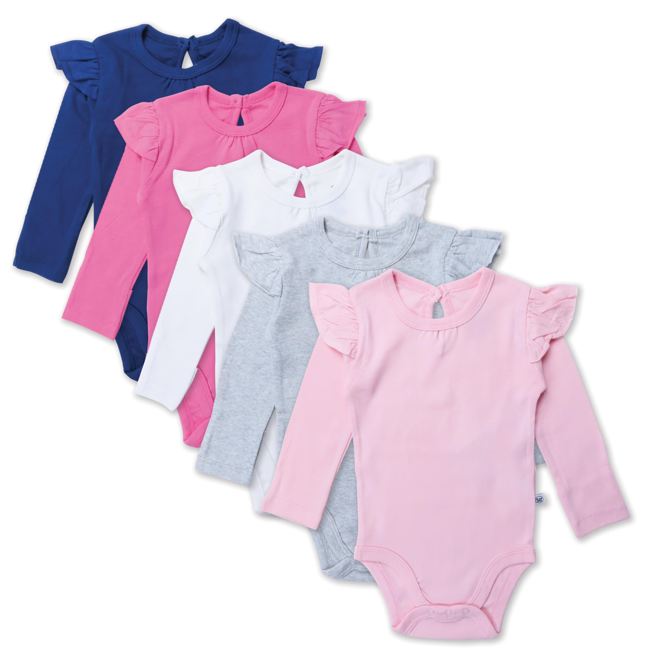 HonestBaby 5-Pack Long Sleeve Ruffle Shoulder Bodysuits 100% Organic Cotton for Infant Baby Girls, Varsity Pink, 12 Months
