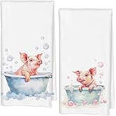 Qabliqo Cute Bathing Pig Bathroom Hand Towels, Gifts for Pig Lovers Women Decorative Hand Towels for Bathroom Washroom, Funny Animal Kitchen Towels, 16x24 Inch Set of Two