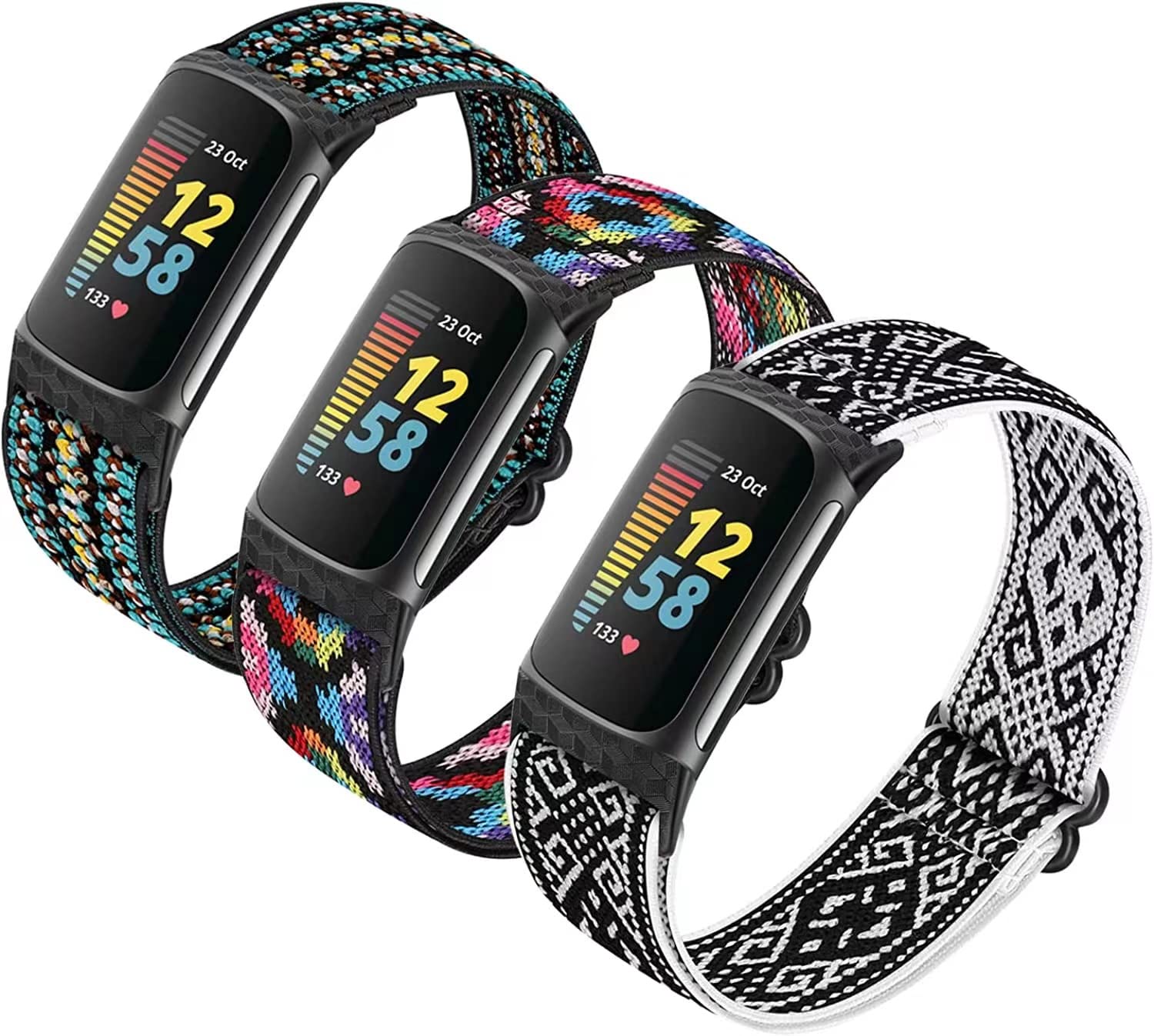 HUYIIO 3 Pack Adjustable Elastic Watch Strap Compatible with Fitbit Charge 5 Straps, Soft Breathable Nylon Sport Band Stretchy Replacement Wristband For Women Men — image 1