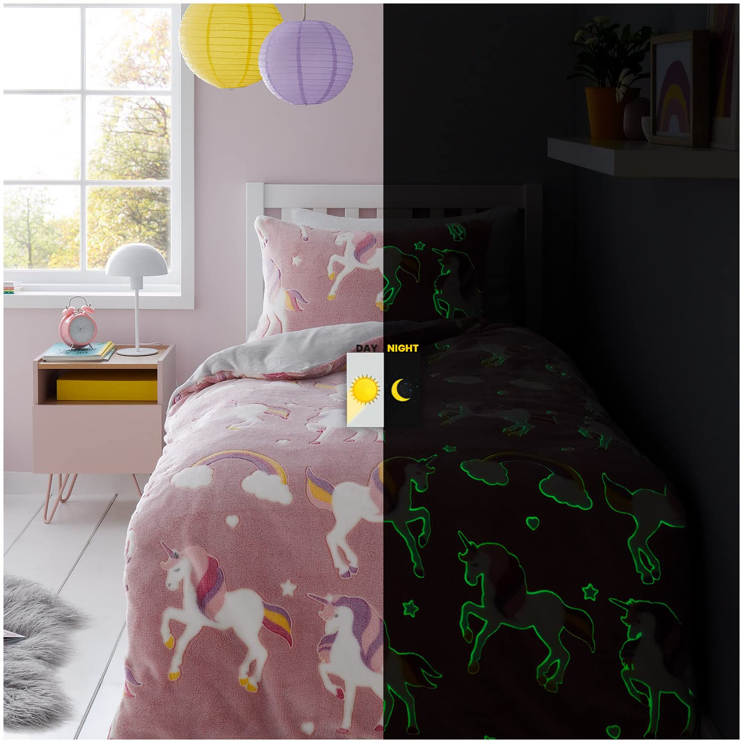 GC GAVENO CAVAILIA Teddy Glow In Dark Duvet Cover, Super Soft Snuggle Fluffy Fleece Quilt Bedding Set, Rainbow Unicorn, Double