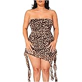 Verdusa Women's Plus Size Cheetah Asymmetrical Strapless Tube Dress Ruched Bodycon Mini Dress with Ruffle Straps