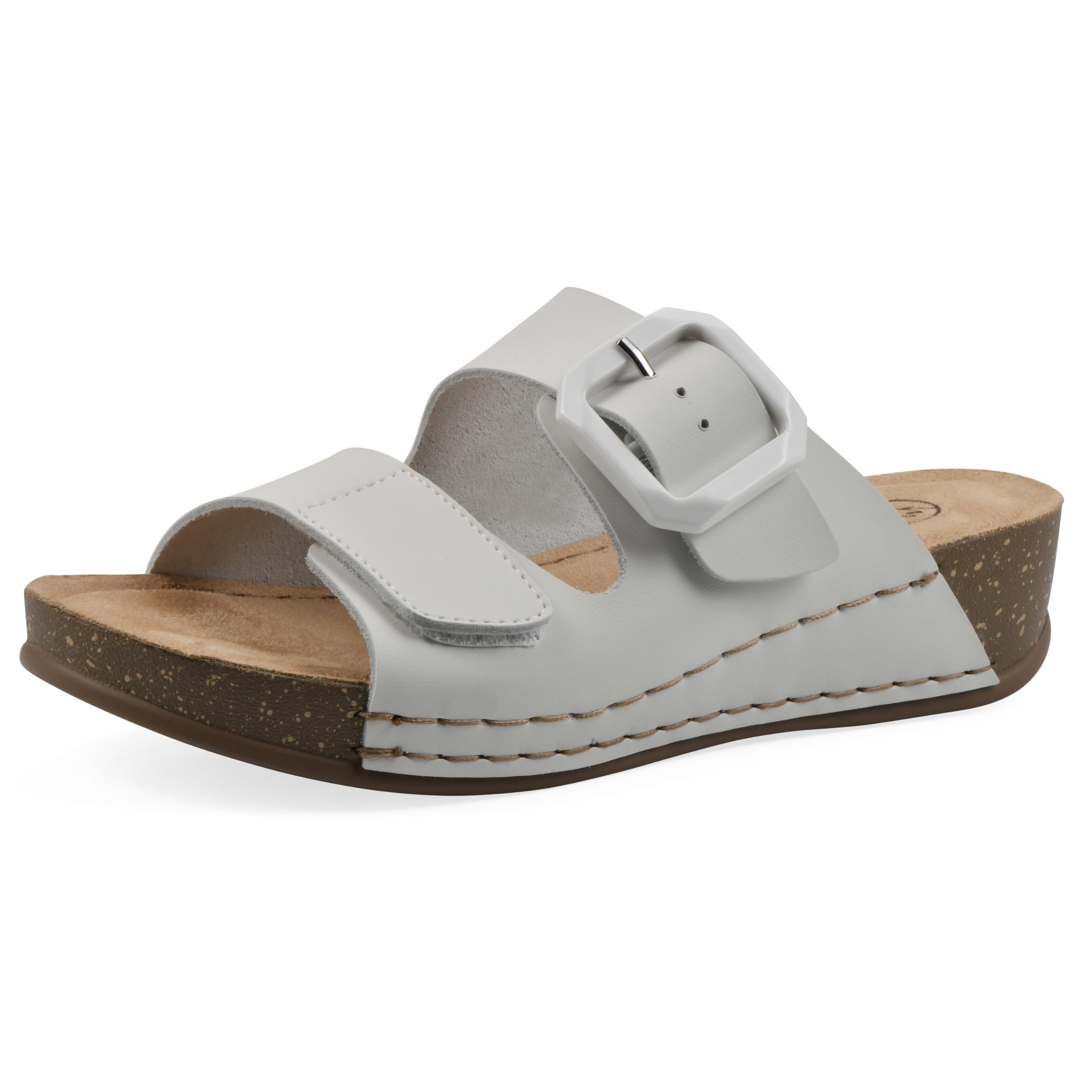 WHITE MOUNTAIN Women’s Fearful Double-Strap Mini-Wedge Sandal, White/Leather, 7 M