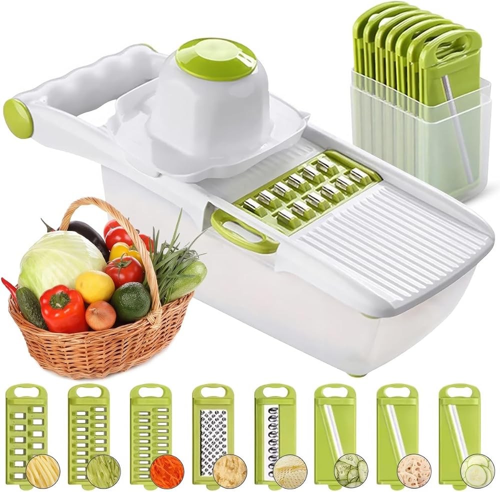 ADOV All in 1 Mandoline Slicer 8 Blades Food Container Hand Guard Lime