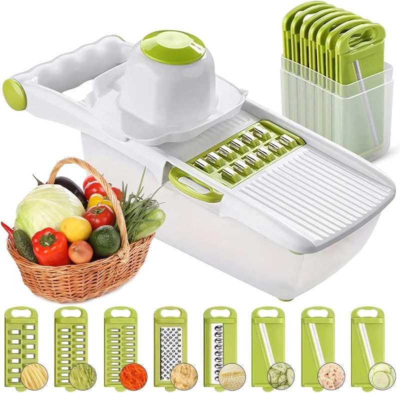 ADOV All in 1 Mandoline Slicer 8 Blades Food Container Hand Guard Lime