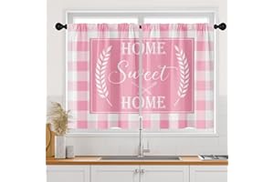 Arttown Pink White Buffalo Plaid Check Kitchen Curtains, Farmhouse Short Window Curtains Set of 2, Window Treatment Tier Curtains for Kitchen Over Sink Bathroom Dining Room Decor (26x36 Inch)