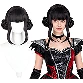 Halloween Cosplay Wig for Women - Black & Purple Short Anime Hair with Double Buns - Fantasy Character Costume Party Wig