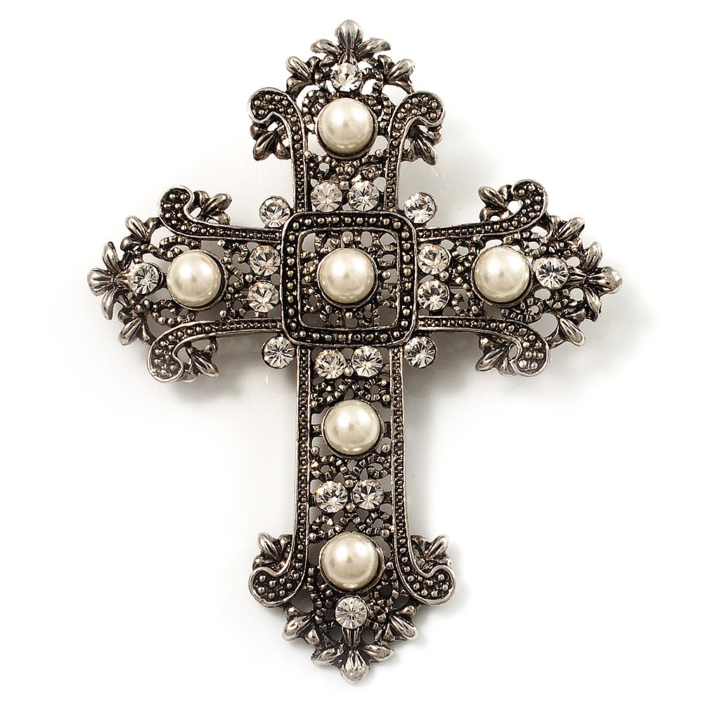 Large Victorian Filigree Imitation Pearl Crystal Cross Brooch (Antique Silver)