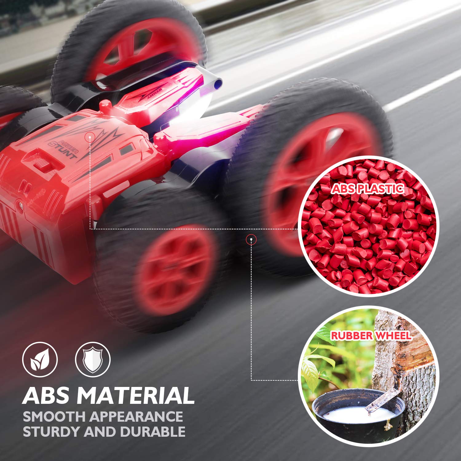 Peradix RC Stunt Car Remote Control Racing Car toy 4WD Double Sided 360 Degree Spins and Flips with LED Lights Cars Toys for boys Children /Kids(Black-Red Stunt car)