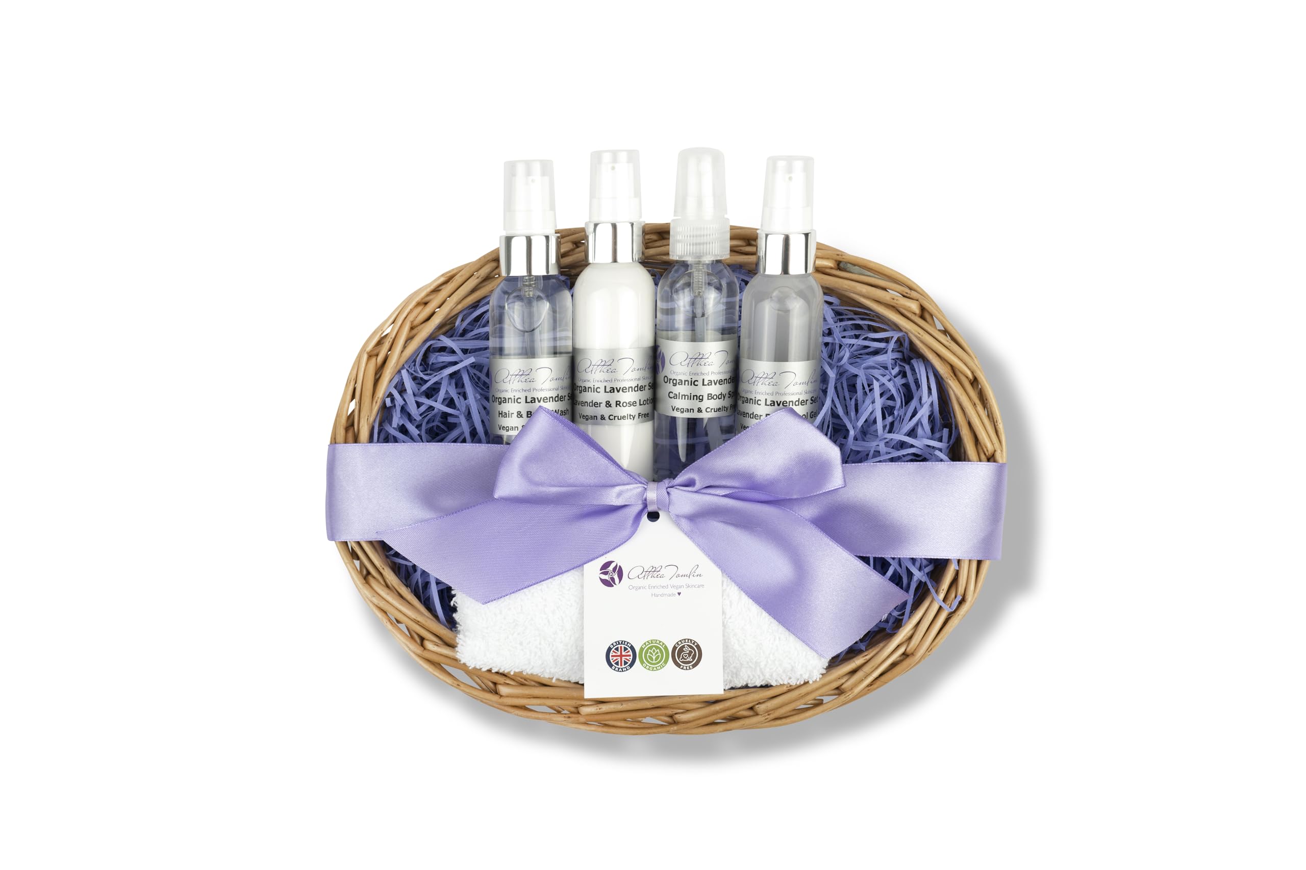 Mother's Day Lavender Basket for women, pamper set, pamper gift basket with calming lavender spray, body cool gel, body lotion, gift boxed with ribbon and tag