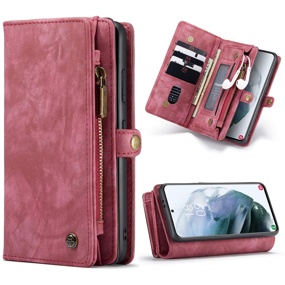 SWP Case for Samsung Galaxy S21 Ultra, Wallet Case w/Magnetic Detachable Cover [11 Card Slots] Clutch Wallet w/Wristlets Money Pocket Compatible with Samsung Galaxy S21 Ultra (Red)