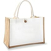 YACEYACE Burlap Tote Bag with Button, 14.5" x 6.7" x 10.2" - Set of 1 Reusable Jute Tote Bags for Travel, DIY, Shopping, Beach, Wedding, Gym